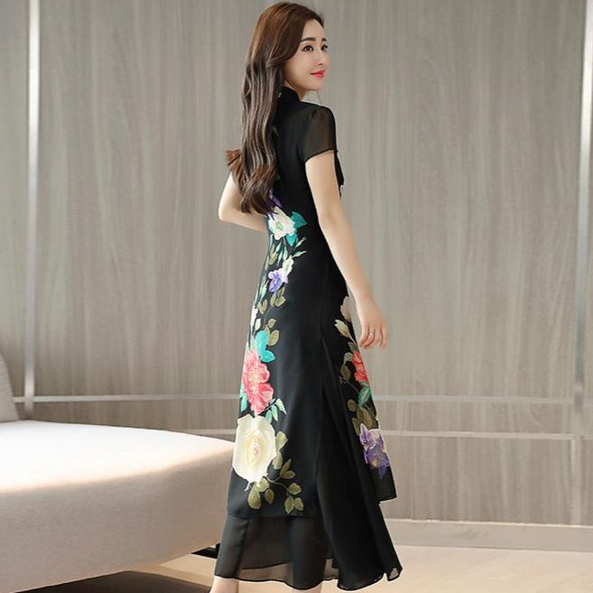 Cap Sleeve Floral Print Full Length Chiffon Ao Dai Dress