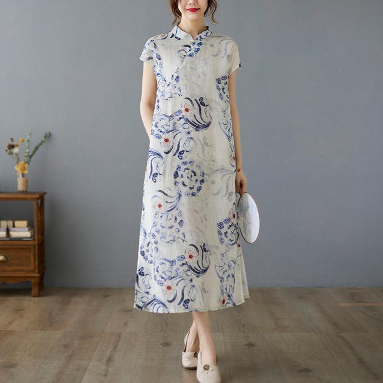 Cap Sleeve Floral Ramie Fabric A-line Casual Dress Boho Dress