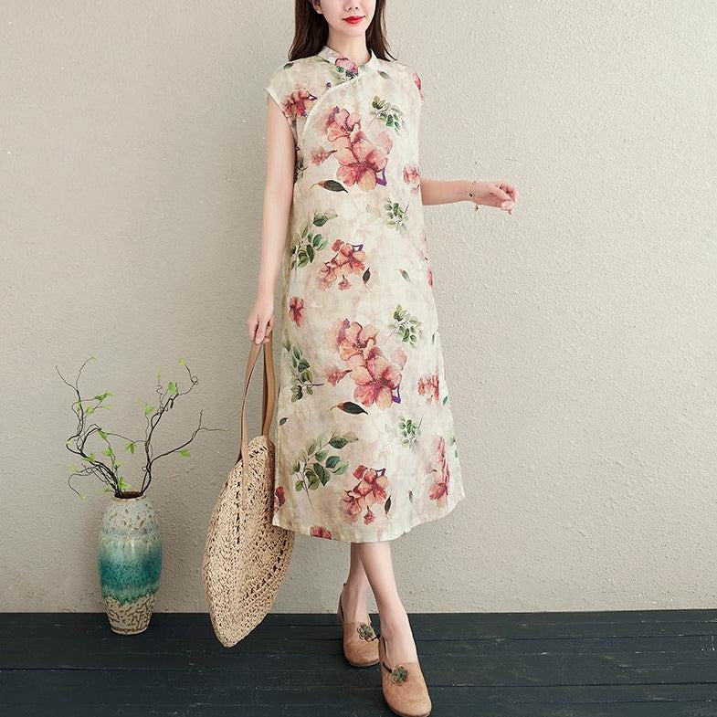 Cap Sleeve Floral Ramie Fabric Cheongsam Casual Dress Boho Dress