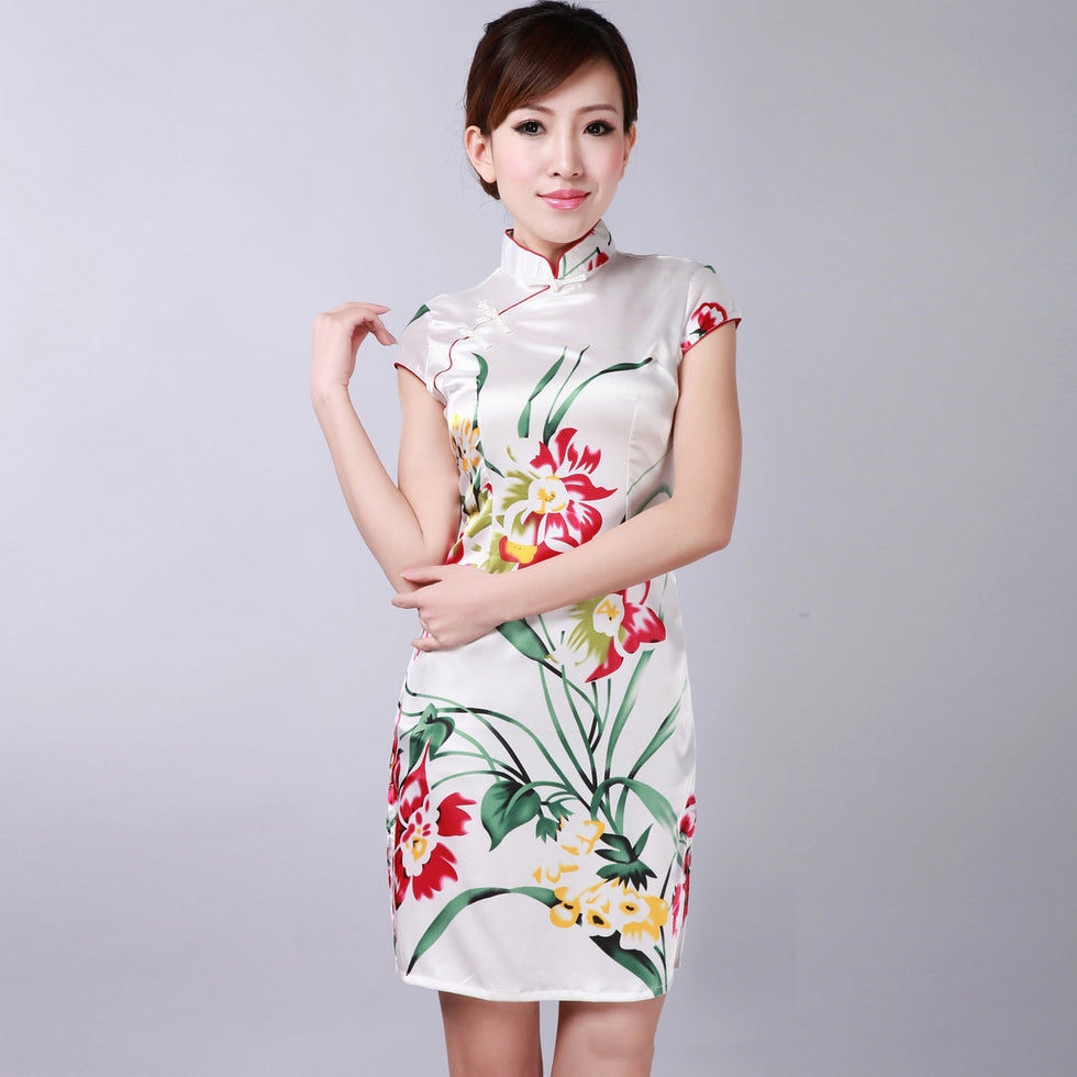 Cap Sleeve Floral Rayon Knee Length Cheongsam Chinese Dress