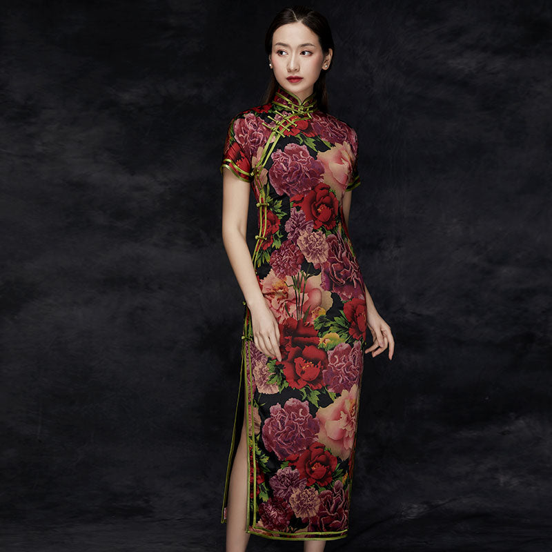 Cap Sleeve Floral Silk Blend Cheongsam Chinese Dress with Strap Buttons