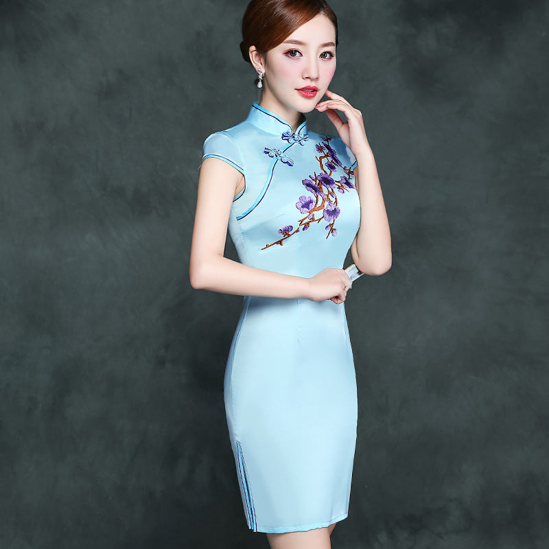 Cap Sleeve Floral Silk Blend Mini Cheongsam Day Dress