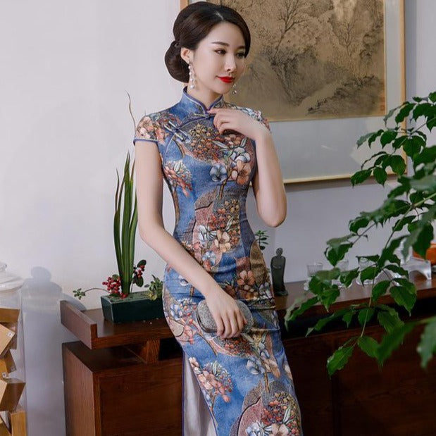 Cap Sleeve Floral Silk Blend Traditional Cheongsam Bodycon Chinese Dress