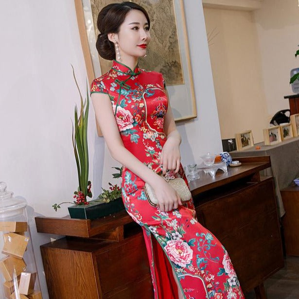 Cap Sleeve Floral Silk Blend Traditional Cheongsam Chinese Dress