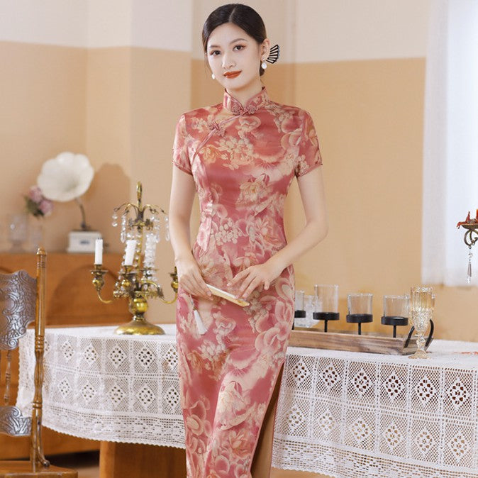 Cap Sleeve Floral Silk Traditional Cheongsam Chinese Dress Evening Dress