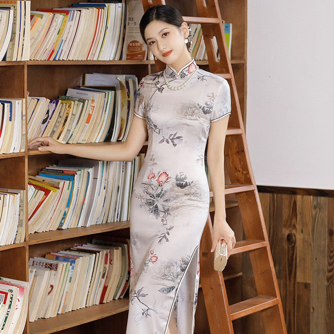 Cap Sleeve Floral Silk Traditional Cheongsam Chinese Dress Evening Dress