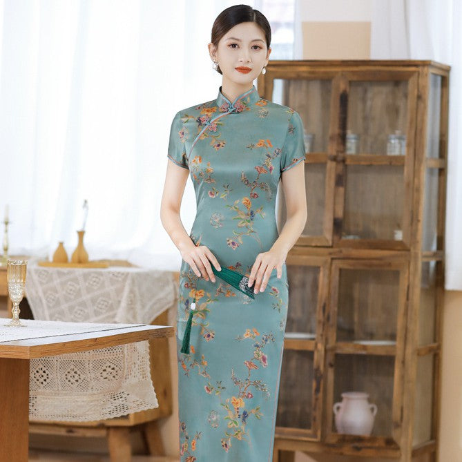 Cap Sleeve Floral Silk Traditional Cheongsam Chinese Dress Evening Dress