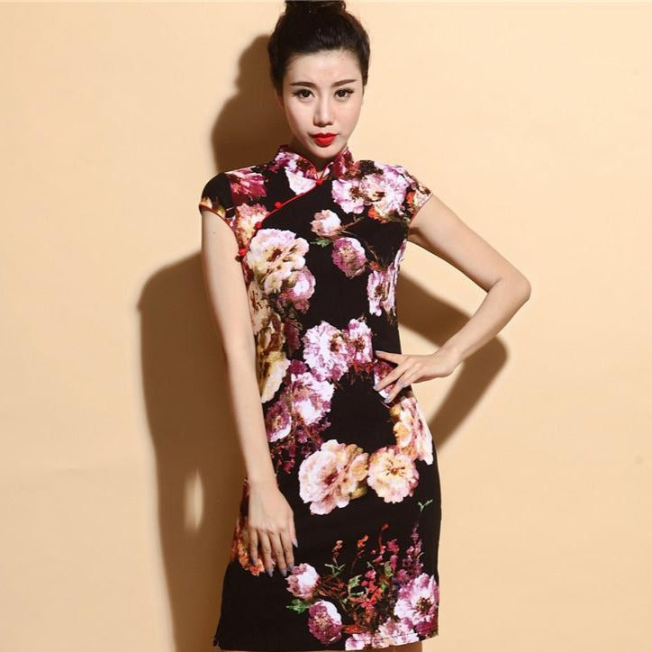 Cap Sleeve Floral Stretch Cotton Knee Length Cheongsam Chinese Dress