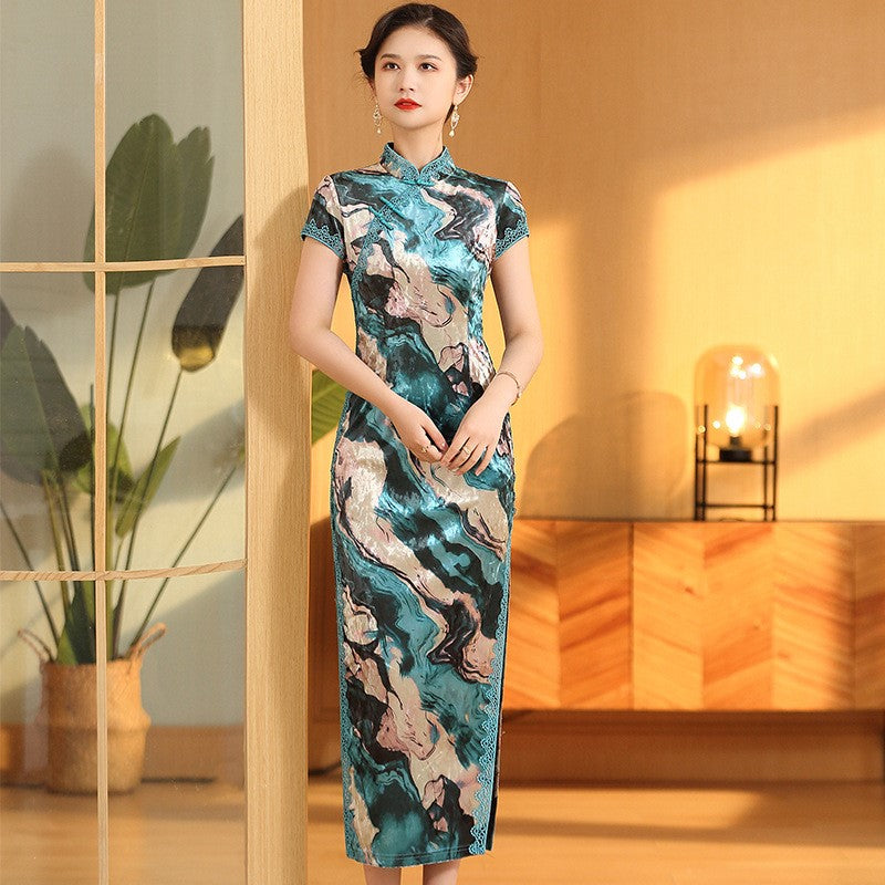 Cap Sleeve Floral Velvet Cheongsam Chinese Dress with Lace Edge