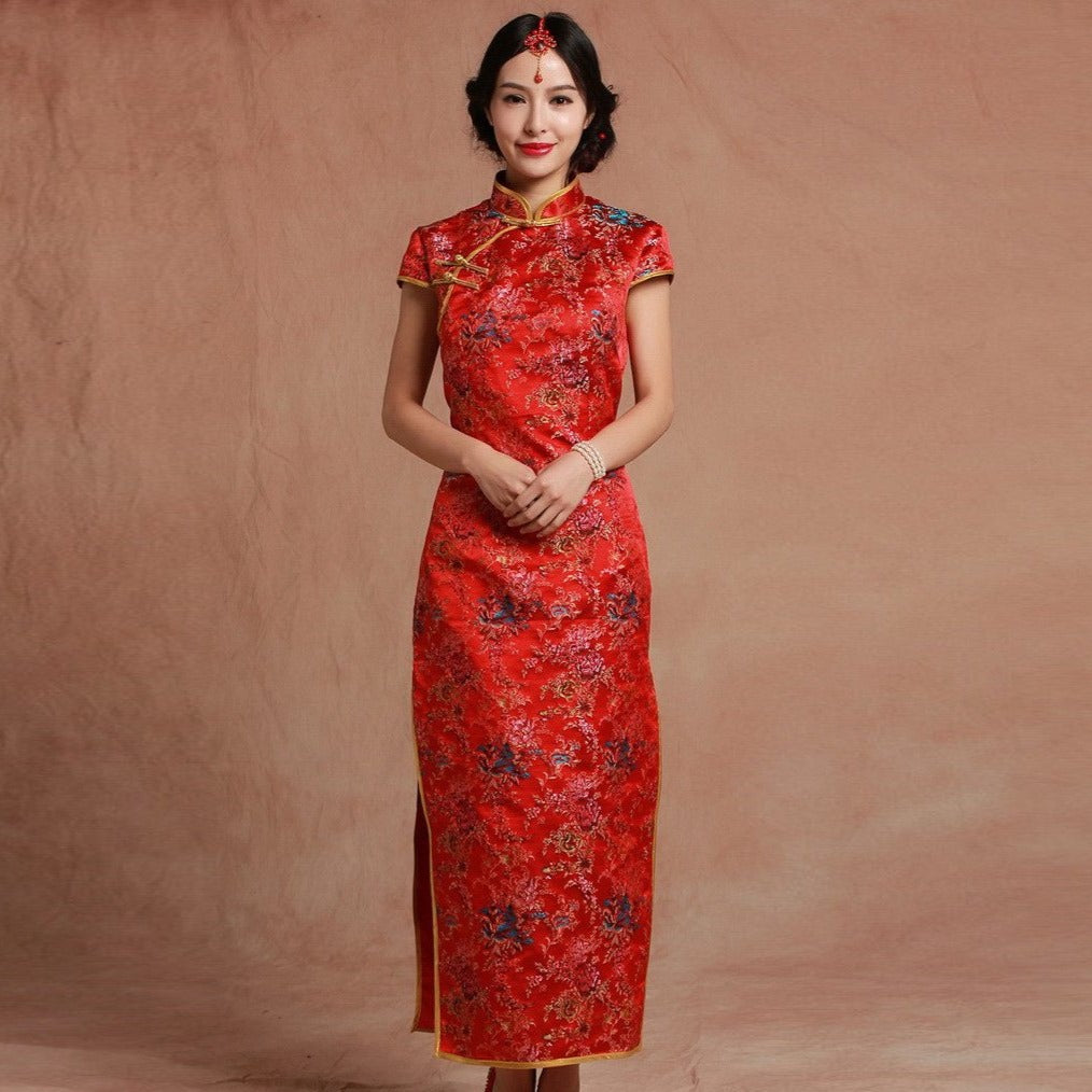 Cap Sleeve Full Length Cheongsam Floral Chinese Wedding Dress