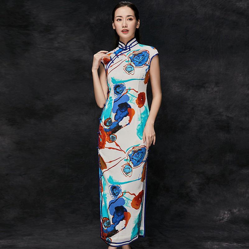 Cap Sleeve Full Length Floral Cheongsam Qipao Dress