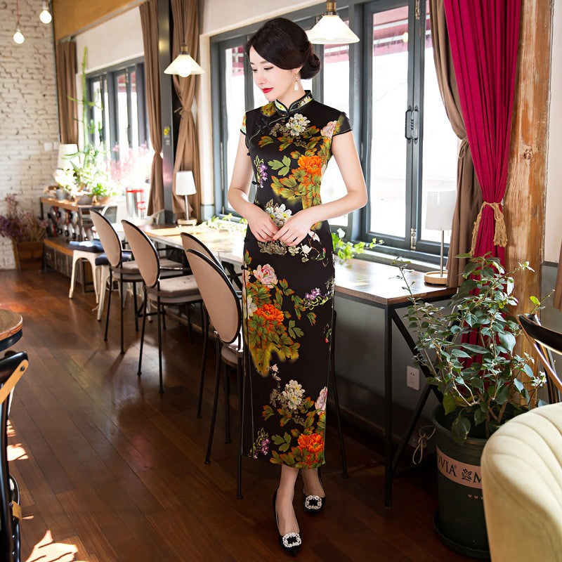 Cap Sleeve Full Length Floral Silk Blend Cheongsam Chinese Dress