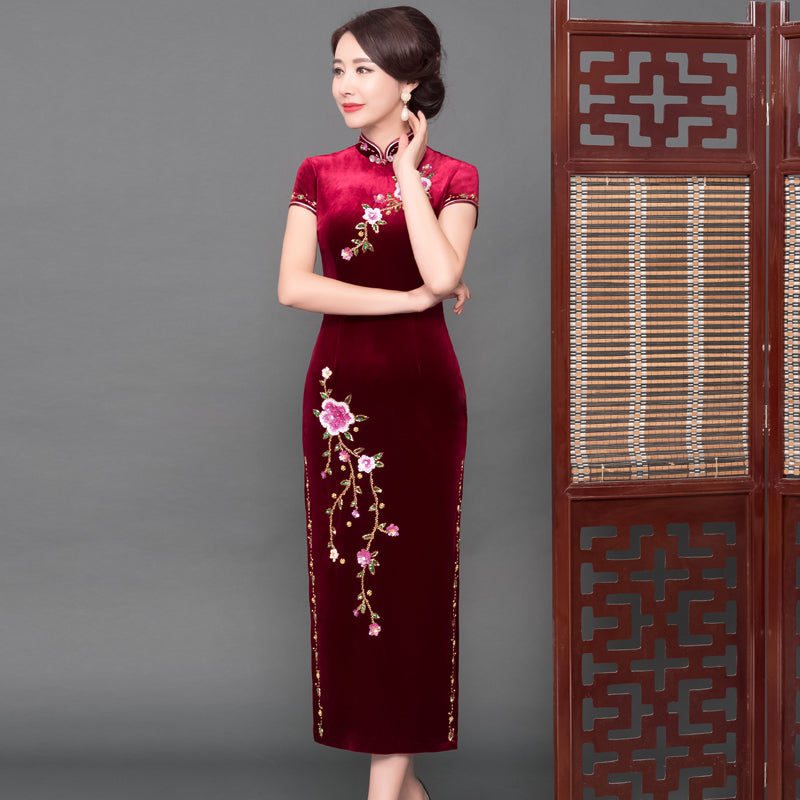 Cap Sleeve Full Length Velvet Cheongsam Mother Dress