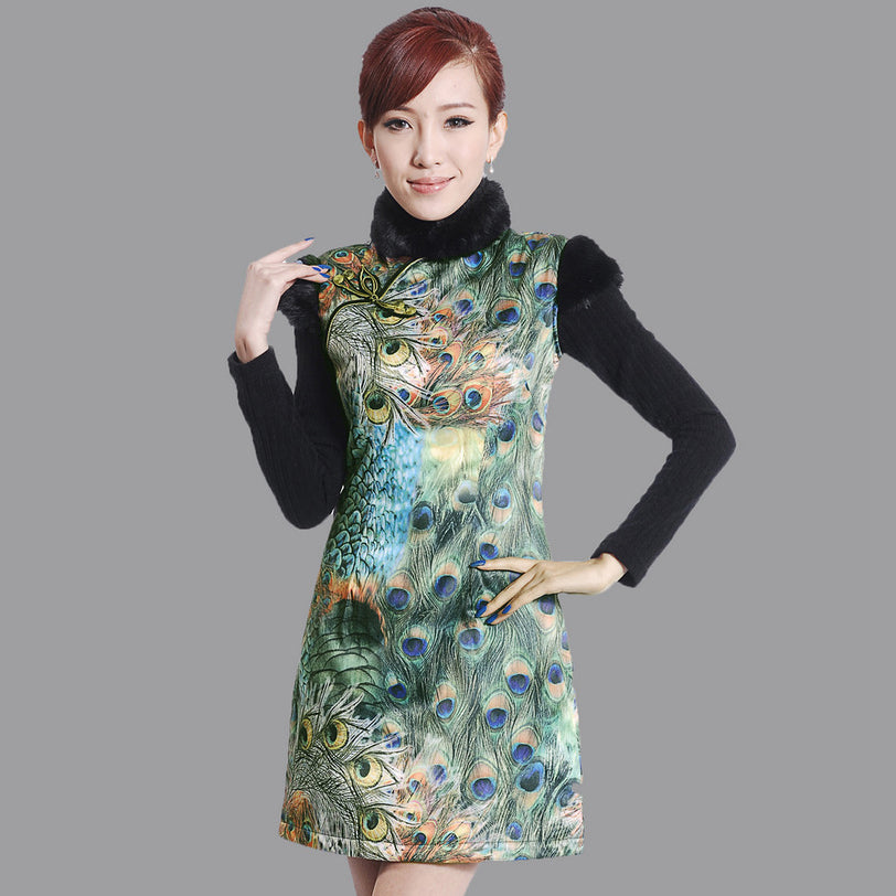 Cap Sleeve Fur Collar Peacock Tail Print Cheongsam Chinese Dress