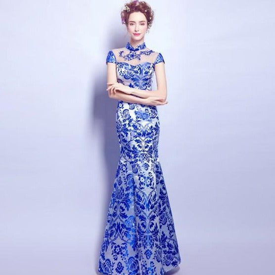 Cap Sleeve Illusion Neck Mermaid Chinese Style Evening Dress Wedding Gown