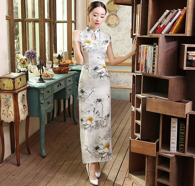 Cap Sleeve Key Hole Neck Floral Silk Blend Cheongsam Chinese Dress