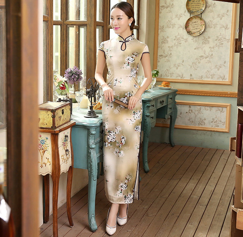 Cap Sleeve Key Hole Neck Floral Silk Blend Cheongsam Chinese Dress