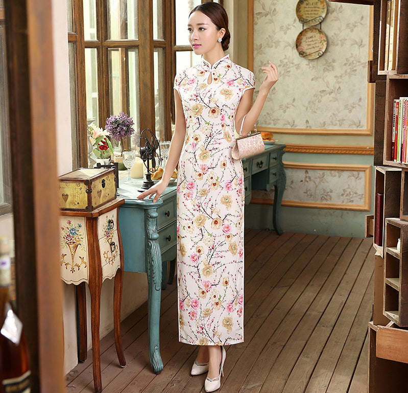 Cap Sleeve Key Hole Neck Floral Silk Blend Cheongsam Chinese Dress