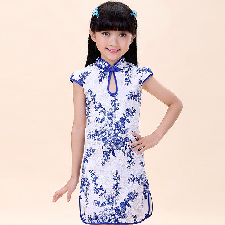 Cap Sleeve Key Hole Neck Kid's Cheongsam Floral Chinese Dress