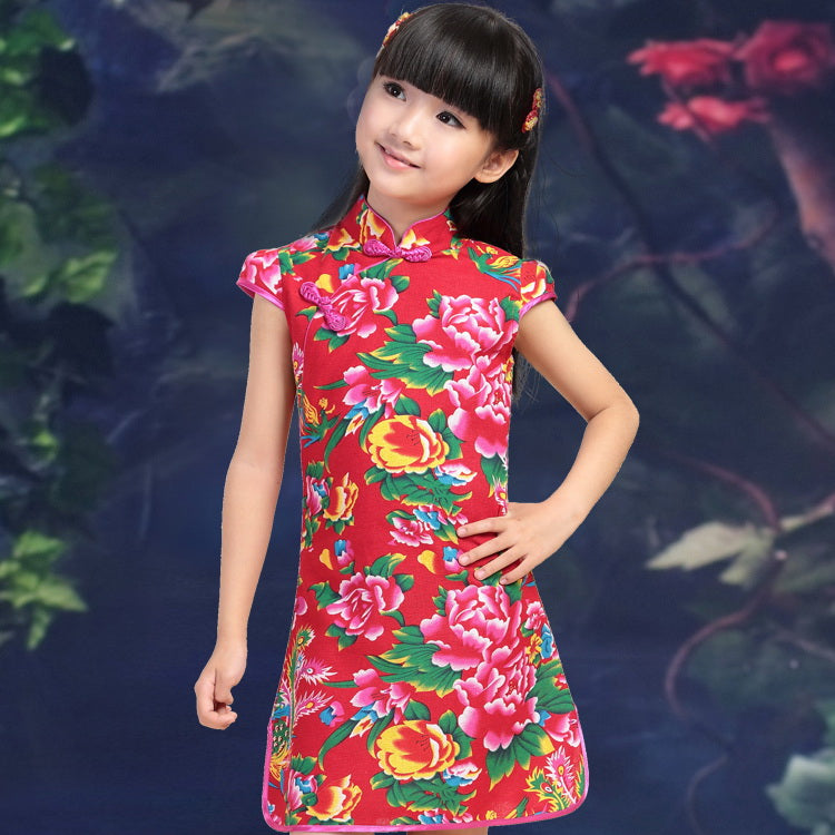 Cap Sleeve Kid's Cheongsam Floral Chinese Dress