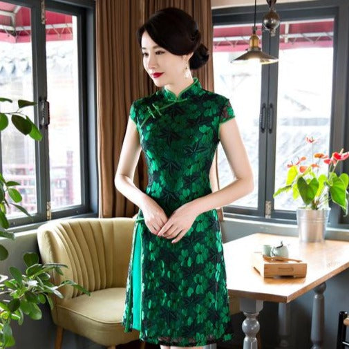 Cap Sleeve Knee Length Cheongsam Floral Lace Chinese Dress