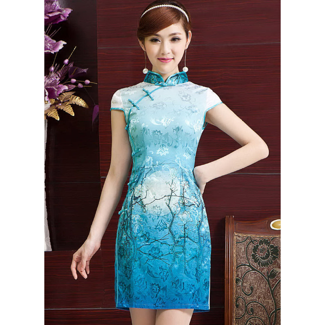 Cap Sleeve Knee Length Cheongsam Tradition Chinese Dress