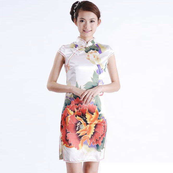 Cap Sleeve Knee Length Floral Cheongsam Chinese Dress