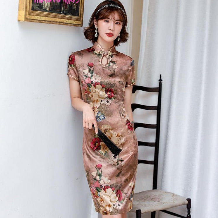 Cap Sleeve Knee Length Floral Silk Cheongsam Chinese Dress