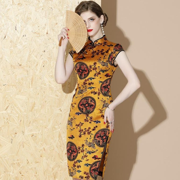 Cap Sleeve Knee Length Traditional Floral Cheongsam Chinese Dress