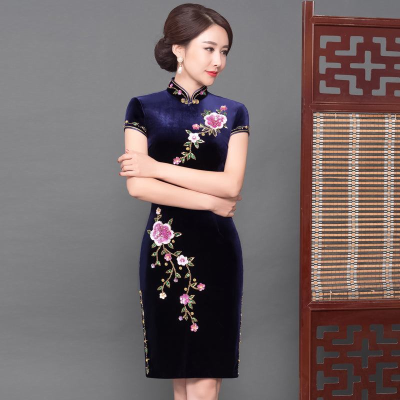 Cap Sleeve Knee Length Velvet Cheongsam Mother Dress