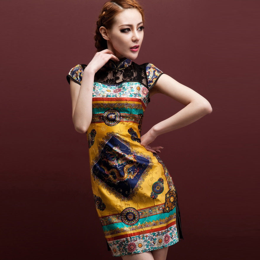 Cap Sleeve Lace Neck Silk Blend Cheongsam Chinese Dress