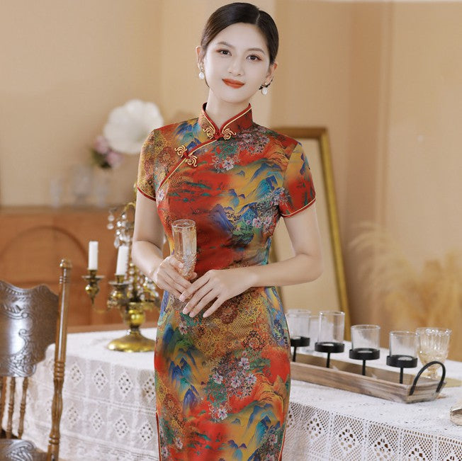 Cap Sleeve Landscape Pattern Silk Traditional Cheongsam Chinese Dress Mother Dress