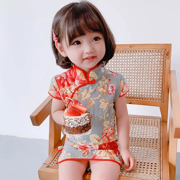 Cap Sleeve Mandarin Collar Floral Cotton Kid's Cheongsam Dress