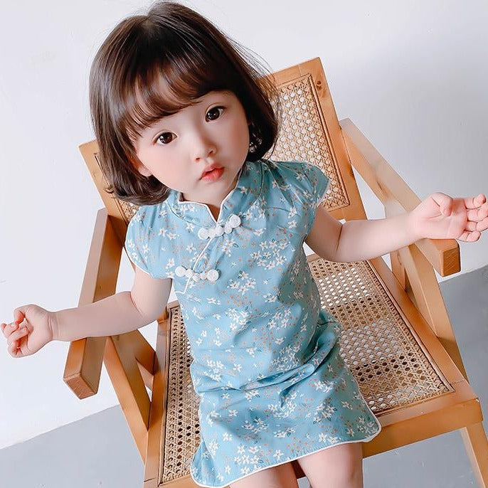 Cap Sleeve Mandarin Collar Floral Cotton Kid's Cheongsam Dress