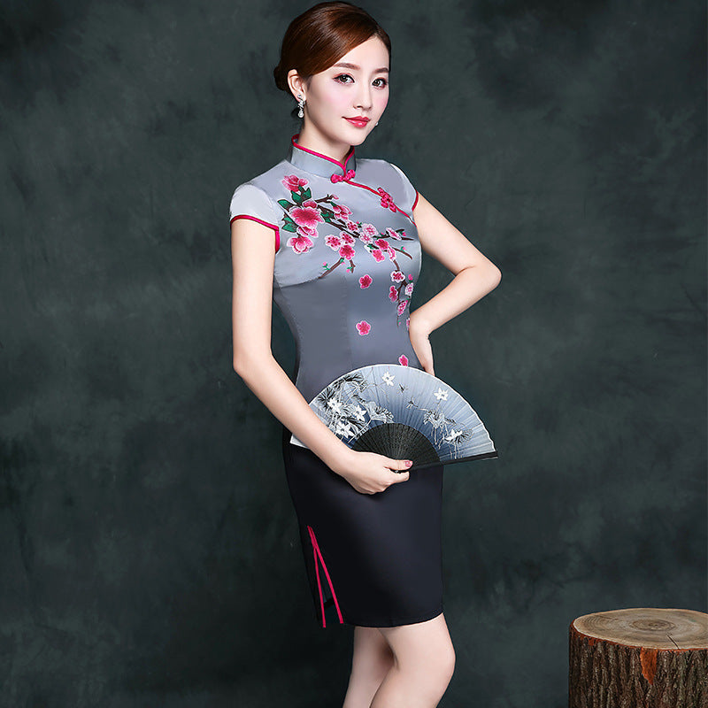 Cap Sleeve Mandarin Collar Floral Silk Blend Mini Cheongsam Day Dress