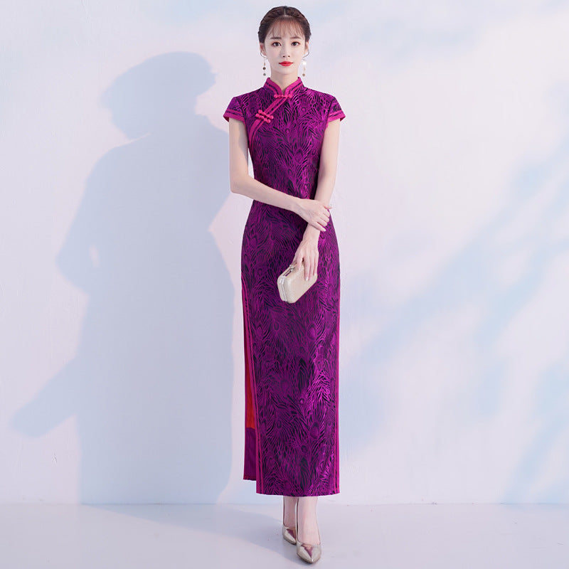 Cap Sleeve Mandarin Collar Signature Cotton Cheongsam Qipao Chinese Dress