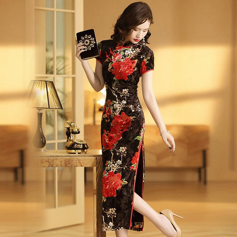 Cap Sleeve Mandarin Collar Traditional Cheongsam Floral Chinese Dress