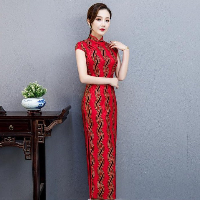 Cap Sleeve Mandarin Collar Traditional Cheongsam Lace Chinese Dress