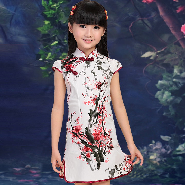 Cap Sleeve Mini Kid's Cheongsam Floral Qipao Dress