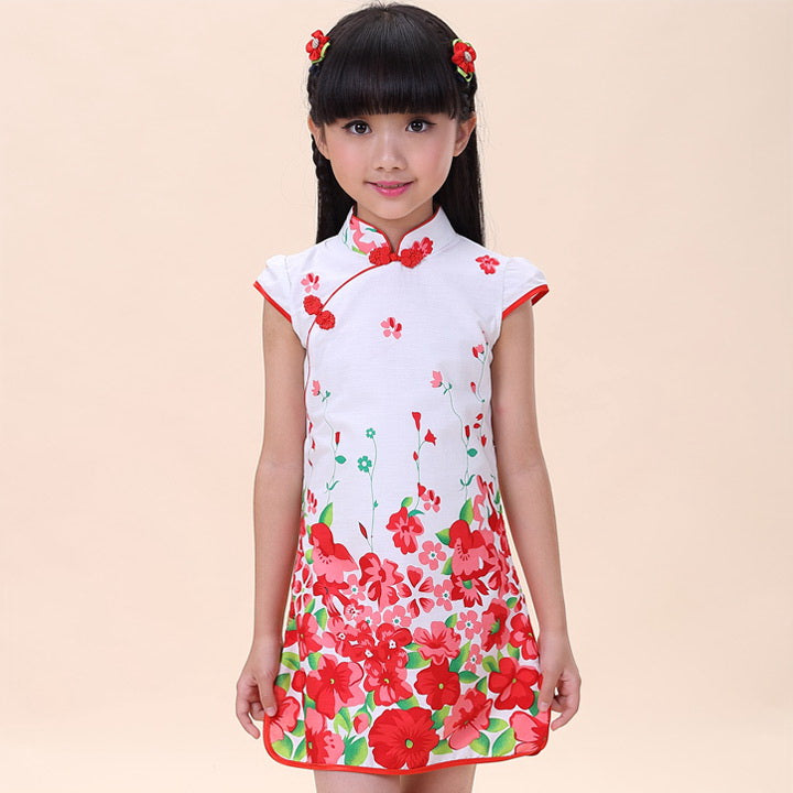 Cap Sleeve Mini Kid's Cheongsam Floral Qipao Dress