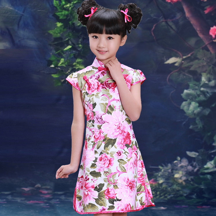 Cap Sleeve Mini Kid's Cheongsam Floral Qipao Dress