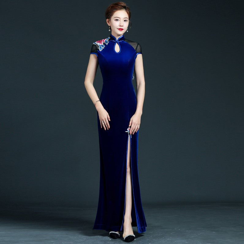 Cap Sleeve Open Front Mermaid Cheongsam Velvet Chinese Prom Dress