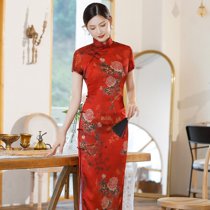 Cap Sleeve Peony Pattern Silk Traditional Cheongsam Chinese Dress Evening Dress