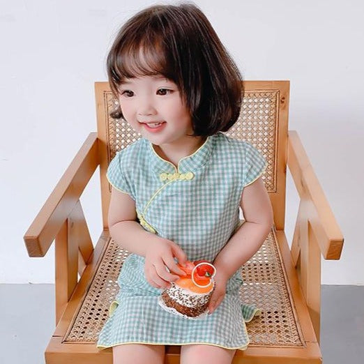 Cap Sleeve Plaids & Checks Cotton Kid's Cheongsam Dress