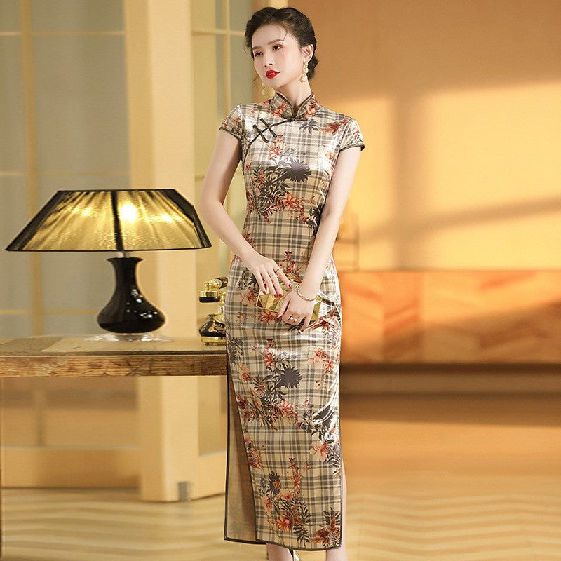 Cap Sleeve Plaids & Checks Velvet Retro Cheongsam Chinese Dress