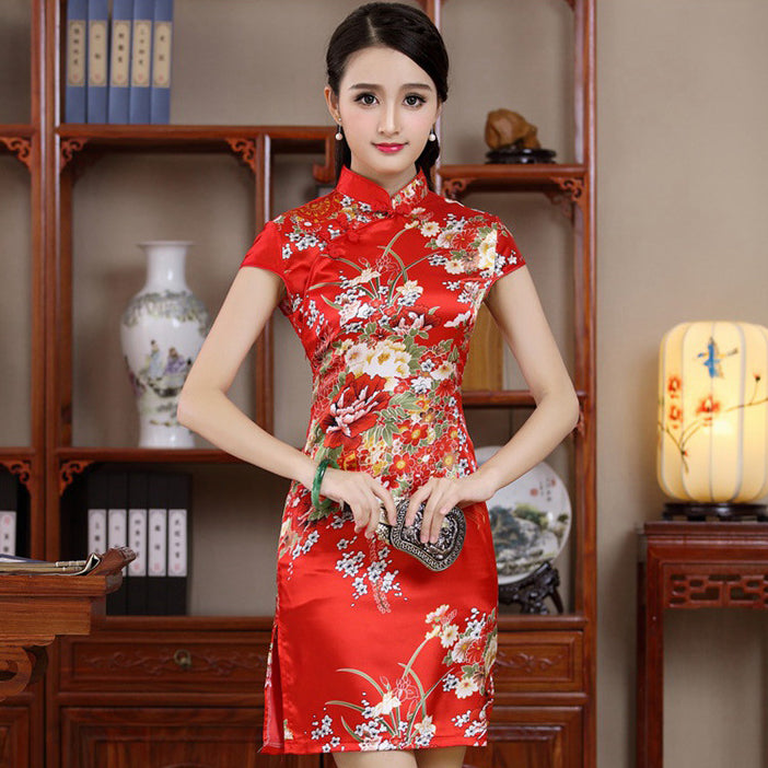 Cap Sleeve Rayon Cheongsam Floral Mini Chinese Dress