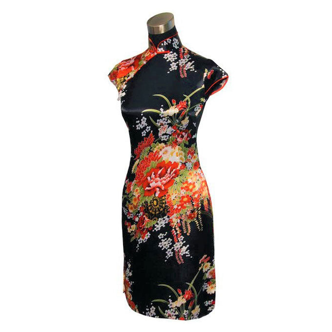 Cap Sleeve Rayon Floral Cheongsam Mini Chinese Dress