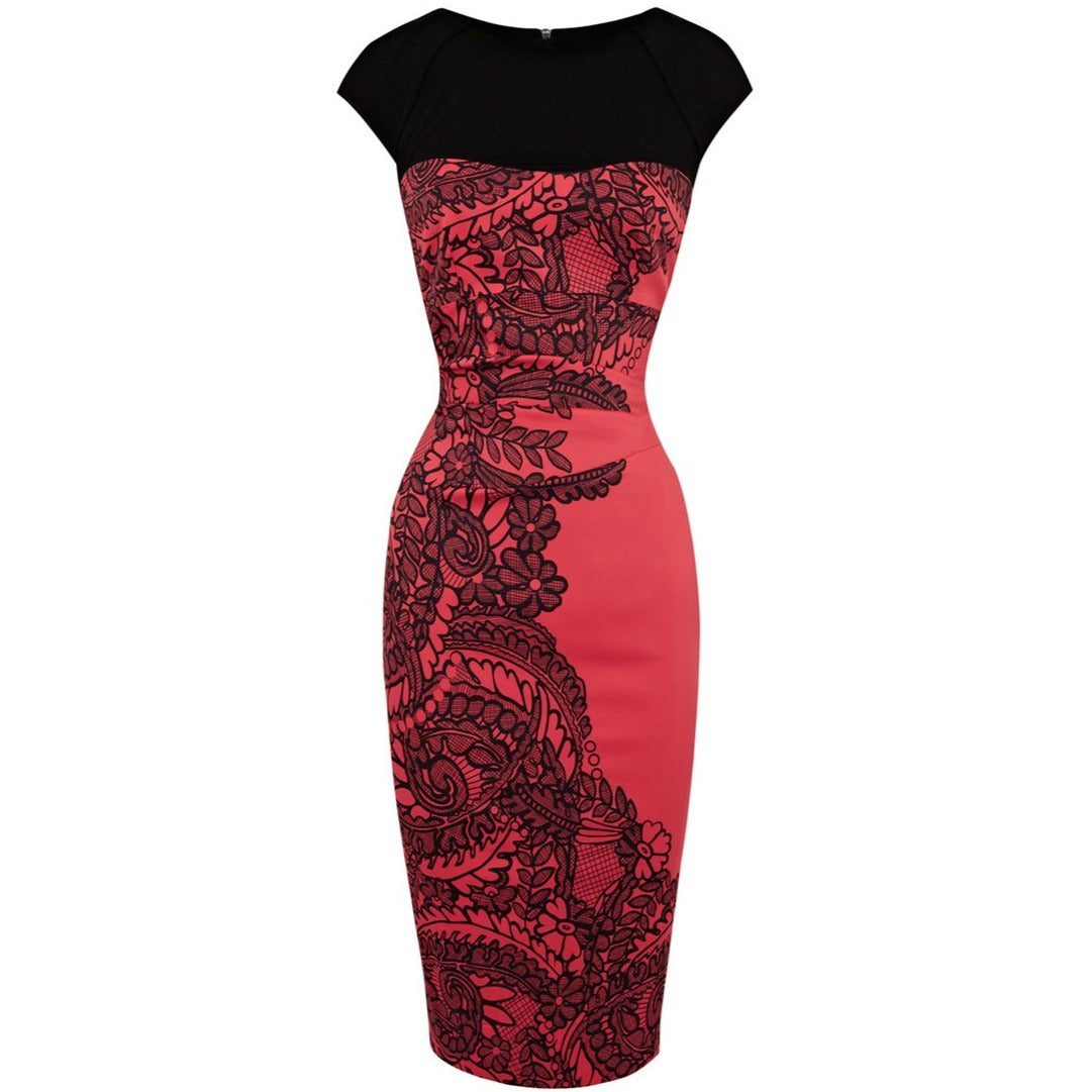 Cap Sleeve Round Neck Knee Length Floral Pencil Dress