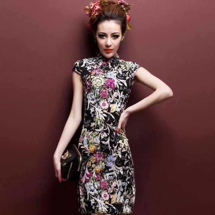 Cap Sleeve Signature Cotton Floral Cheongsam Chinese Dress