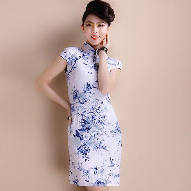 Cap Sleeve Signature Cotton Floral Cheongsam Chinese Dress